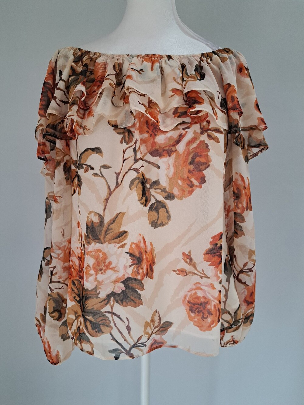 NWT White House Black Market Cream Floral Off-Shoulder Blouse with Rust Accents